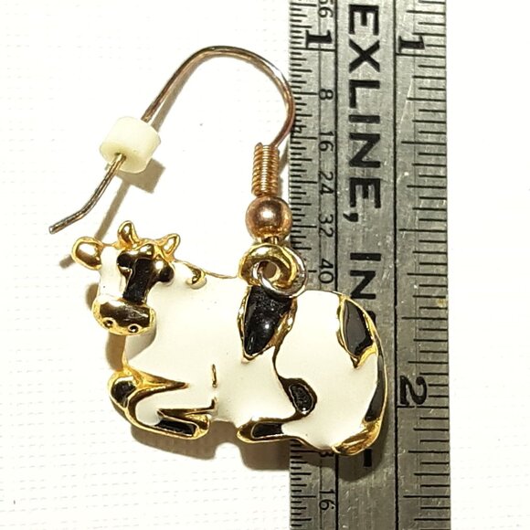 Enameled Brass Cow Earrings Holstein Shepard Hook - Picture 4 of 4